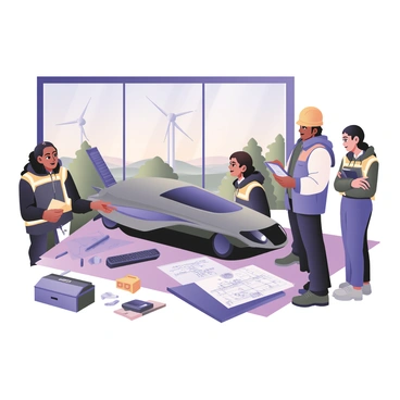 A digital flat illustration depicting a group of Bajaj engineers gathered around a futuristic vehicle model. The engineers are diverse, with varied skin tones and hair styles, wearing safety gear including helmets and reflective vests. One engineer is pointing at a solar panel mounted on the vehicle while another is taking notes on a digital tablet. The vehicle is sleek and modern, featuring wind turbine blades integrated into its design. Surrounding them are various tools and blueprints scattered on a table, indicating their research on sustainable energy solutions. In the background, a large window showcases greenery and a bright sky, emphasizing the theme of sustainability.
