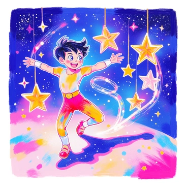 Astro Boy is in an expansive space setting, surrounded by a myriad of shimmering stars and galaxies. He is captured mid-dance, his arms gracefully extended and his metallic features reflecting the starlight. Alongside him, star-like energy beings with glowing, radiant forms swirl and twirl in harmony. Each being has a distinct shape, resembling twinkling stars with luminous trails that create an enchanting display. The background is filled with deep cosmic colors, showcasing the vastness of space.