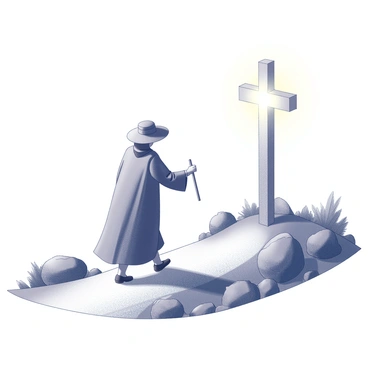 A lone pilgrim walking along a winding path. The pilgrim is dressed in traditional attire, including a long cloak and a wide-brimmed hat. In one hand, the pilgrim holds a wooden staff, while the other hand is extended towards a glowing cross positioned ahead on the path. The cross emits a soft light that illuminates the surrounding area, casting gentle shadows on the ground. The path is lined with trees and rocks, creating a natural border along the way. The atmosphere conveys a sense of purpose as the pilgrim journeys toward the guiding light.