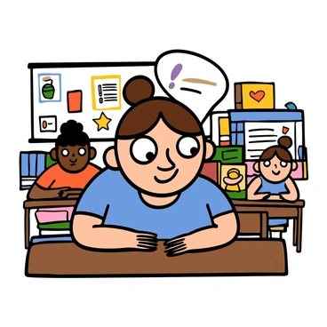 Close-up of a light-skinned child with big eyes and short brown hair, sitting at a wooden desk in a classroom. The child is speaking softly, with a gentle expression on their face. They are wearing a blue t-shirt and are surrounded by colorful classroom decorations, including posters and books. The child's hands are resting on the desk, and there are other students in the background, quietly listening to them.