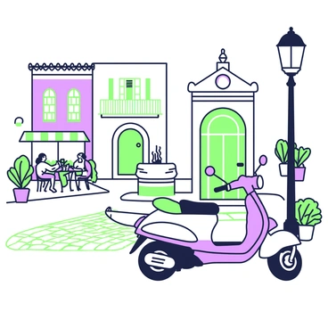 A moped is parked in a historic town square. The square is surrounded by old buildings with intricate facades and arched doorways. Cobblestone streets lead in various directions, reflecting the sunlight. To the side, there is a small outdoor café with tables and chairs, and a couple of patrons enjoying their drinks. A fountain with ornate details stands in the center of the square, with water gently flowing. A few potted plants add greenery to the scene, and a vintage street lamp casts a soft glow over the area.