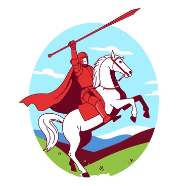 A red heroic knight wearing shining armor is positioned on a rearing white horse at the top of a grassy hill. The knight holds a gleaming lance high above his head, with sunlight glinting off its polished surface. The horse's mane is flowing backward as it lifts its front legs dramatically. In the background, there are rolling hills and a clear blue sky, creating a sense of grandeur and strength in the scene.