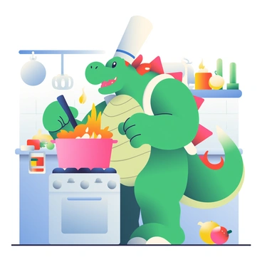 A large green dragon-like creature with spiky shells, known as Bowser, is standing in a vibrant kitchen. He is wearing a tall white chef's hat that contrasts with his rugged appearance. Bowser is stirring a large pot on a stove, filled with a bubbling orange mixture. Flames are rising from the stove, casting a warm glow across the scene. Various kitchen utensils, such as spatulas and ladles, are scattered on the countertop, and colorful ingredients, like red peppers and yellow onions, are laid out nearby. The kitchen walls are adorned with pots and pans, creating an atmosphere of culinary chaos.