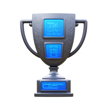 A tech-inspired trophy with intricate circuit patterns running throughout its surface. The trophy features multiple digital screens embedded within its structure, displaying dynamic information and data. The overall shape is sleek and modern, with a metallic finish that reflects light vividly.