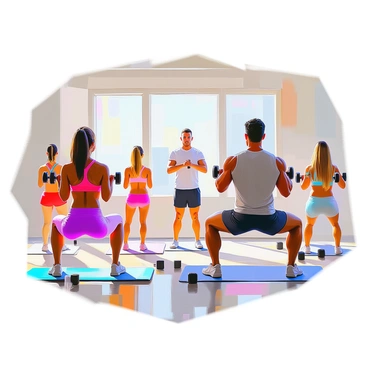 A group fitness class takes place in a bright, spacious room with large windows allowing natural light to flood in. In the foreground, a diverse group of individuals, both men and women, are engaged in performing dumbbell rows. Each participant is holding a dumbbell and maintaining proper form with their backs straight and knees slightly bent. The trainer, a fit individual with a focused expression, is demonstrating the correct technique at the front of the class. The participants are wearing colorful workout attire, and there are exercise mats and water bottles scattered around the space. The atmosphere is dynamic, with some participants looking determined while others are encouraging each other.