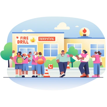 A school building is depicted in the background, with students and teachers in the foreground participating in a fire safety drill. Several students, wearing uniforms, are calmly lining up outside the school, some of them holding hands. A teacher with short brown hair is leading the group, pointing towards the designated assembly area. In the scene, there are safety cones set up to guide the evacuation, and a large banner reading "FIRE DRILL" is displayed prominently on a nearby wall. Some students are carrying backpacks, while others are engaged in conversation as they wait. The sky overhead is clear and blue, indicating a sunny day.