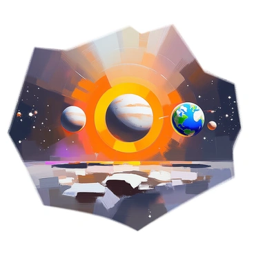 An illustration depicting "Mercury" positioned in alignment with "Earth" and the "Sun" in the vastness of space. "Mercury" is shown as a small, rocky planet with a greyish surface, featuring numerous craters. "Earth" is portrayed as a vibrant blue and green planet with swirling white clouds, clearly visible in the background. The "Sun" radiates bright yellow and orange light, creating a stark contrast against the dark expanse of space dotted with distant stars. The three celestial bodies are aligned in a straight line, emphasizing their positions in the cosmos.