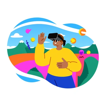 A person wearing black VR goggles is immersed in a vibrant 3D virtual game world. The individual has a look of concentration, with their hands outstretched as they interact with the digital environment. Surrounding them are colorful, floating game elements like glowing orbs, pixelated creatures, and geometric shapes. The background features a fantastical landscape with rolling hills, bright colors, and whimsical structures, creating an engaging atmosphere. Bright lights and animations swirl around, enhancing the sense of adventure in the virtual realm.