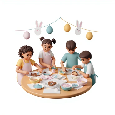 A round wooden table, covered with a colorful tablecloth, is set up for an Easter activity. On the table, several kids, wearing pastel-colored aprons, are actively decorating bunny-shaped cookies. One child, a girl with curly hair in pigtails, is applying pink icing on a cookie while smiling. Another child, a boy with short brown hair, is sprinkling colorful toppings over a cookie. Various bowls filled with different icing colors, sprinkles, and edible glitter are placed around the table. The background features cheerful decorations like hanging paper bunnies and Easter eggs.