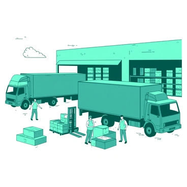 A teal loading dock is bustling with activity as employees coordinate logistics. Several large trucks are positioned at the dock, with their rear doors open, ready to be loaded. Workers are seen wearing safety vests, moving boxes of varying sizes. A few boxes are stacked neatly on the ground next to the trucks, while others are being lifted by a pallet jack. In the background, there are warehouse shelves filled with more boxes, indicating a busy shipping operation. A clear sky is above, adding to the dynamic atmosphere of the scene.