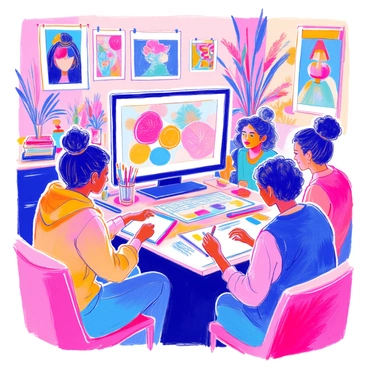A diverse group of artists from various cultures is gathered around their computer screens, each engaged in sharing their artwork on a virtual platform. The screen displays an array of colorful artworks, including paintings, sculptures, and digital designs. Each artist has a unique style, with some showcasing vibrant abstract pieces while others present detailed realistic portraits. Various tools like paintbrushes, sketchpads, and digital tablets are visible at their workstations. The setting is lively, with artworks pinned on walls in the background, symbolizing a rich exchange of creativity and inspiration among the artists.