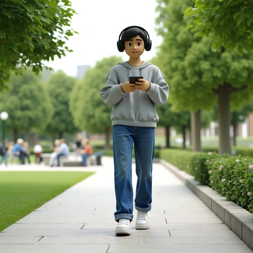 A person with short black hair, wearing a comfortable gray hoodie and blue jeans. They are walking along a paved path in a park surrounded by lush green trees and flowering shrubs. The person has black over-ear headphones on and is holding a smartphone in one hand, with a focused expression on their face as they listen to a recorded lecture. In the background, a few people can be seen enjoying the park, and a gentle breeze causes leaves to rustle.