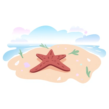 A single starfish is resting on a smooth, empty stretch of sandy beach. The sand is fine and light-colored, reflecting the soft gradient of pastel colors in the sky during low tide. Gentle waves are lapping at the shoreline in the distance, creating subtle ripples. The starfish has five arms, displaying a rich texture and a slightly mottled pattern. Surrounding the starfish are small, scattered seashells and pieces of seaweed, partially buried in the sand.