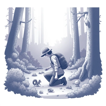 An explorer is kneeling on the forest floor, peering closely at the ground in search of mushrooms. The explorer is dressed in outdoor gear, including a hat and a backpack. Surrounding him is a dense forest filled with a variety of trees and thick underbrush. The foliage includes various shapes of leaves and textures, creating a rich backdrop. Small animals, such as a squirrel and a bird, can be seen nearby, adding life to the scene. The sun filters through the trees, casting scattered shadows on the ground.