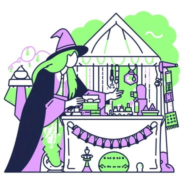 A witch with long flowing hair is browsing through a vintage market stall filled with magical trinkets. She is wearing a dark cloak and a pointed hat, with her hands gently touching a variety of items on the wooden table. The stall is adorned with various objects such as crystal vials, enchanted mirrors, and intricately designed amulets. In the background, other market stalls can be seen, displaying an assortment of colorful fabrics and herbs hanging from hooks. The sunlight filters through the trees, casting a warm glow over the marketplace.