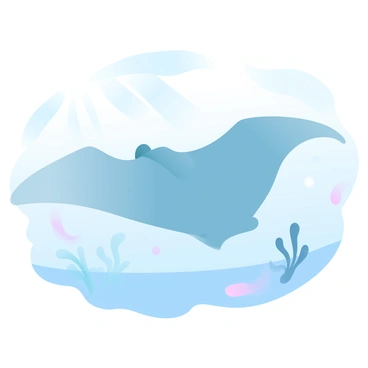 A manta ray is gliding gracefully through clear blue water. The water is calm, creating a sense of tranquility in the scene. Sunlight is filtering down from above, casting soft beams that illuminate the manta ray's wings as they flap gently. Small fish are swimming nearby, adding movement to the serene environment. The sea floor can be seen in the distance, with scattered coral formations providing a natural habitat for marine life.