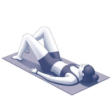 A woman is positioned on a workout mat, lying on her back with her knees bent and feet flat on the ground. She is using a resistance band secured above her knees, providing tension as she lifts her hips upward. Her arms are resting at her sides, and her head is turned slightly to the side. The muscles in her legs and glutes are engaged as she performs the exercise, highlighting her focus and determination. The surrounding area is uncluttered, emphasizing her workout routine.