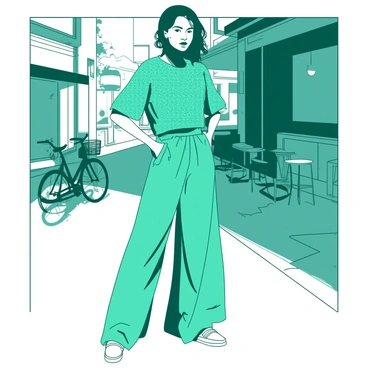 A teal model is standing confidently on a city street, wearing a comfortable yet stylish Issey Miyake ensemble. The outfit consists of a textured top featuring unique folds and a pair of loose-fitting trousers that drape elegantly. The model is wearing white sneakers, adding to the relaxed vibe of the look. Sunlight reflects off the smooth surfaces of nearby buildings, enhancing the scene. The model's hair is styled in a carefree manner, complementing the overall casual aesthetic. Surrounding the model are hints of urban elements, such as a bicycle leaning against a wall and a café in the background with outdoor seating.