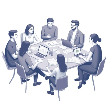 A diverse group of artists is seated around a large table. There are individuals of various ethnicities and genders, each engaged in animated conversation. Some artists are leaning forward, with expressive gestures, while others are writing down ideas in notebooks or sketchpads. The table is cluttered with art supplies, such as pencils, markers, and papers filled with sketches. A few artists have laptops open, displaying images and concepts they are discussing. The atmosphere is lively and filled with creativity, as they share and brainstorm illustration name ideas together.