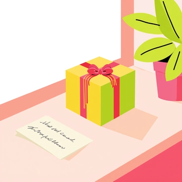 A small square gift wrapped in colorful paper sits on a wooden window sill. The gift is adorned with a shiny red ribbon tied in a neat bow. Next to the gift, there is a handwritten note on a piece of cream-colored stationery, with visible ink scribbles. Sunlight streams through the window, casting gentle shadows on the sill, and a few green leaves from a nearby potted plant add a touch of nature to the scene.
