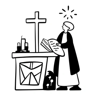 A church member standing at a lectern, reading from a book labeled "Easter Gospel." The person is wearing a robe and holding the book open with both hands. Soft light is illuminating the scene, highlighting the pages of the book and casting gentle shadows. A decorative cross is visible in the background, adding to the atmosphere of reverence. The lectern is intricately carved with religious symbols, and a few decorative elements like candles are placed nearby.