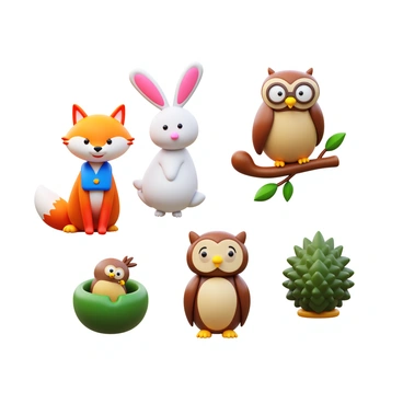 A group of cute and whimsical animal characters. There is a cheerful fox with bright orange fur, wearing a small blue vest. Next to the fox, a playful rabbit with fluffy white fur and oversized pink ears is bouncing around. A wise old owl with round glasses perches on a branch, showcasing its brown and cream feathers. Additionally, a tiny hedgehog with a curious expression peeks out from behind a bush, its quills neatly arranged. Each character displays vibrant colors and distinctive features, designed to appeal to children.
