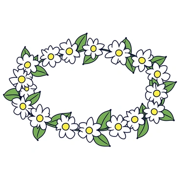A floral crown made entirely of delicate mayflowers. The crown has a circular shape and is adorned with clusters of small white petals and yellow centers. The mayflowers are interspersed with green leaves, which add a fresh contrast. The crown appears lush and full, resting gently on a light surface.