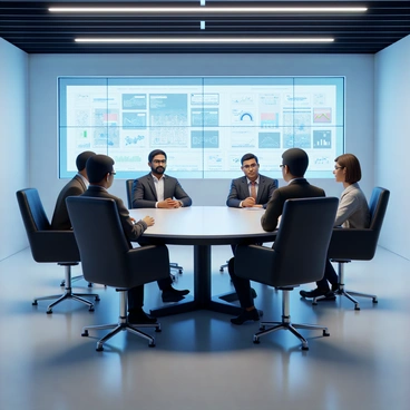 A futuristic business meeting with holograms of participants seated around a table
