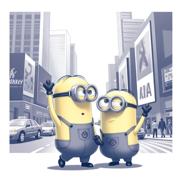 Two Minions with yellow skin and overalls are standing on a busy city street. Each Minion is waving their arms to hail a cab. The street is bustling with various vehicles, including taxis and cars, moving past them. Skyscrapers loom in the background, with large billboards and signs lining the street. There are pedestrians walking along the sidewalk, some glancing at the Minions, while others appear preoccupied with their own activities. The scene captures the lively atmosphere of a city filled with movement and energy.