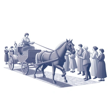 An ornate royal carriage with intricate designs and embellishments is being pulled by majestic horses. The horses have thick manes and strong physiques as they trot gracefully down a cobblestone street. The cobblestones are arranged in a pattern, evident under the wheels of the carriage. On either side of the street, townsfolk are gathered, watching in awe. They display a range of expressions, from admiration to excitement, dressed in period clothing that reflects the historical context. Some are pointing at the spectacle, while others are smiling and whispering among themselves.
