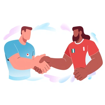 Two athletes are shaking hands after completing a match. One athlete is wearing a blue uniform adorned with the emblem of their country, while the other athlete is dressed in a red uniform featuring their national flag. Both athletes display an expression of mutual respect and camaraderie. In the background, faint flags representing various countries are subtly arranged, creating a sense of international unity. The scene captures the spirit of sportsmanship in a vibrant, animated setting.