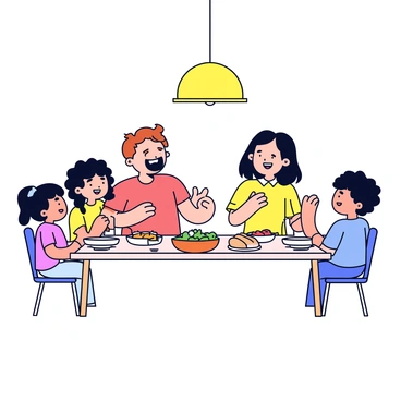 A rectangular dinner table is set with plates, utensils, and glasses. Around the table, a family of four is seated. A father with short brown hair is animatedly sharing a story, gesturing with his hands. A mother with long dark hair is smiling as she listens attentively. Two children, a boy with curly hair and a girl with braids, are looking at their father with excitement. On the table, there are dishes of food including a steaming bowl of pasta, a salad, and a loaf of bread. A warm glow of a ceiling light illuminates the scene, creating a cozy atmosphere.