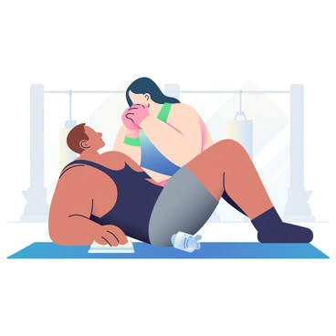 A CrossFit athlete with a muscular build and short brown hair is lying on a blue mat, resting after an intense workout. They are wearing a fitted black tank top and gray athletic shorts. A massage therapist with light skin and long dark hair is gently applying pressure to the athlete's shoulders, using both hands. The background features gym equipment, including weights and a punching bag, creating a fitness environment. A water bottle is placed nearby on the mat, and a towel is draped over the athlete's legs.