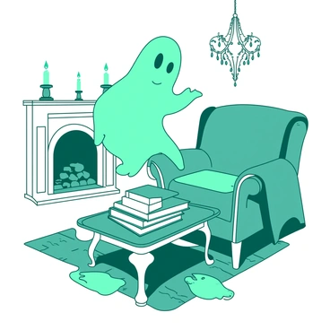 A teal poltergeist with playful eyes is hovering just above a white Victorian-style armchair in a quaint living room. The poltergeist is playfully knocking over a stack of white books on a small teal coffee table. In the background, a white ornate fireplace is visible, with teal flickering candles on the mantel. A teal and white floral-patterned rug covers the wooden floor, and a white chandelier hangs from the ceiling, its crystals shimmering in the light.