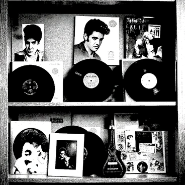 A collection of Elvis memorabilia is displayed on a wooden shelf. The collection includes multiple black vinyl records with shiny surfaces, each resting on its sleeve featuring images of Elvis. There are framed photographs of Elvis in various poses, showing his iconic hairstyle and clothing. Scattered among the records and photos are vintage concert tickets, magazine clippings, and a small replica of Elvis's guitar. The entire arrangement is organized neatly, showcasing the passion of a dedicated fan.