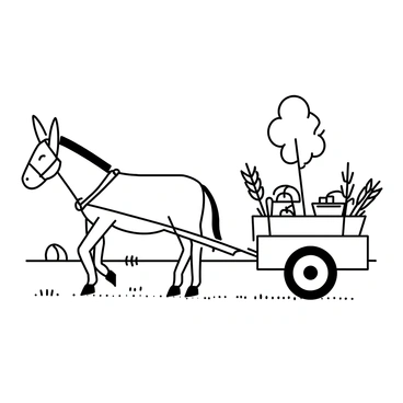 A donkey standing on a dirt path, pulling a small wooden cart. The cart is filled with freshly harvested crops, including bunches of wheat and baskets of vegetables. The donkey has a harness on and its ears are perked up. The setting includes a rural landscape with a few trees in the background and patches of grass along the path. The sky is clear, and the sun is shining down on the scene.