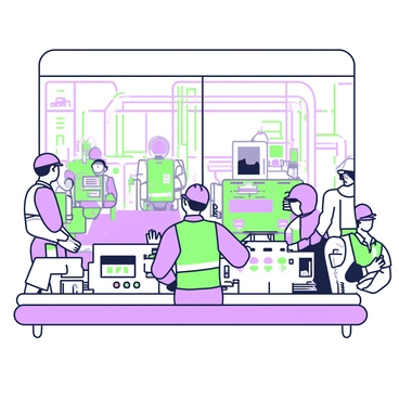 A group of engineers is gathered in a control room overlooking a factory floor. The engineers are focused on various screens displaying data and monitoring systems. They are wearing safety helmets and reflective vests. The control room is equipped with multiple control panels, switches, and blinking lights. Below, the factory floor is filled with large machines, including conveyor belts and robotic arms, actively operating. Several workers in uniforms are moving between the machines, ensuring everything runs smoothly. A large window separates the control room from the factory floor, providing a clear view of the bustling activity below.