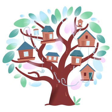 A network of treehouses connected by ropes and pulleys resembles the intricate structure of the limbic system. The treehouses are securely nestled among sturdy branches, showcasing various natural wood textures. Ropes and pulleys extend across the space, forming pathways between the treehouses. Each treehouse features unique shapes and sizes, with some having balconies and others with small windows. Green leaves surround the structure, adding a vibrant touch to the scene. Sunlight filters through the canopies, casting soft shadows on the ground below, enhancing the whimsical atmosphere of the treehouse network.
