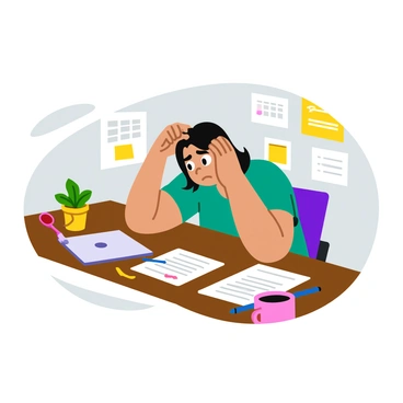 A person with dark hair is sitting at a cluttered wooden desk, leaning forward with their head in their hands, indicating frustration. The desk is filled with scattered papers, a few pens, and an open laptop. A coffee mug sits precariously on the edge of the desk, and a small potted plant adds a touch of color. The expression of the person is tense and overwhelmed, with visible signs of stress. The background features a wall adorned with pinned notes and a calendar, enhancing the sense of a busy work environment.