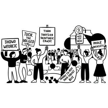 Colonists standing in a town square, each holding handmade protest signs with various slogans written on them. The signs are made of wood and paper, featuring bold lettering and symbols of rebellion. A group of colonists is gathered near a large, historic building, with trees lining the square in the background. Some colonists are dressed in period clothing, while others wear simpler garments. The atmosphere is filled with a sense of determination, as the colonists stand together in solidarity against British rule.