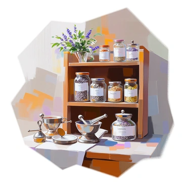 An old-fashioned apothecary shelf made of dark wood, filled with various jars containing dried chamomile flowers, lavender buds, and other herbs such as dried rosemary and sage. The jars have intricately designed labels, showcasing the names of the herbs inside. Some jars are clear, allowing the colorful dried herbs to be visible, while others have a vintage finish. The shelf itself is adorned with small decorative items like an antique scale and a few mortar and pestle sets, adding to the nostalgic atmosphere of a traditional herbalist's workspace.