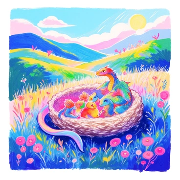 A valley is filled with lush green grass and surrounded by rolling hills. In the center, a cozy nest made of soft moss and twigs holds several dragon hatchlings. The mother dragons, with scales glistening in shades of deep blue and emerald, are gently tending to their young. Each hatchling is small, with delicate wings and bright eyes, looking up at their mothers. The sun casts a warm light over the scene, creating a peaceful atmosphere with a few fluffy clouds drifting by in the blue sky.