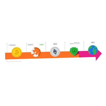 A horizontal timeline depicting the evolution of Bitcoin and other cryptocurrencies over the years. The timeline features several key milestones marked with distinct icons or images for each event. On the left, a gold coin represents the launch of Bitcoin in 2009, accompanied by a small text bubble stating "Bitcoin launch." Moving to the right, a silver coin symbolizes the creation of Ethereum in 2015, with a note saying "Ethereum introduced." Further along, a colorful icon shows the rise of altcoins in 2017, labeled "Altcoin boom." Finally, a globe signifies the widespread adoption of cryptocurrencies in 2021, annotated with "Global acceptance." Each milestone is connected by a bold line, and the background is a simple color gradient to enhance the timeline's visibility.