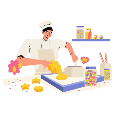 A candy maker wearing a white apron and a chef's hat is pouring hot, shimmering molten sugar into various shaped molds on a countertop. The molds are designed in fun shapes, such as stars, hearts, and animals. Brightly colored sprinkles are scattered around the workspace, adding a splash of color. In the background, jars filled with colorful candy and lollipop sticks can be seen. The scene captures the vibrant and playful atmosphere of a candy-making workshop.