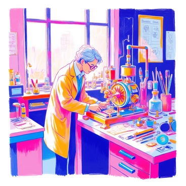 A workshop filled with various tools and gadgets features a renowned inventor in the center. The inventor is a middle-aged man with glasses and tousled hair, wearing a lab coat. He is focused on adjusting a large, complex machine with multiple gears and bright lights. Surrounding him are sketches and blueprints pinned to the walls, showing intricate designs of his invention. On a nearby workbench, there are scattered tools and parts, including wires and metal components. A large window lets in natural light, illuminating the workspace.