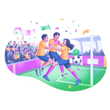 A group of soccer players in colorful uniforms are celebrating a goal on the field. They are jumping and hugging each other with expressions of joy. In the background, enthusiastic fans are cheering in the stands, waving flags and holding up banners. The scene captures a vibrant atmosphere, with confetti falling from above, adding to the excitement of the moment.