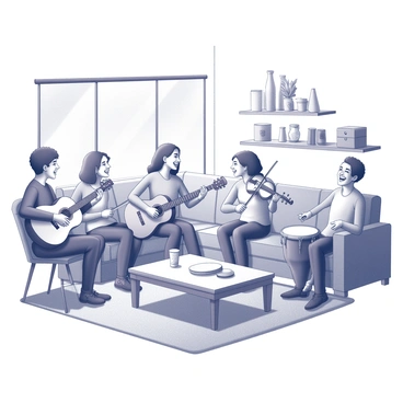 A cozy living room features a group of friends gathered together. One person is playing a guitar while another is holding a violin. A third friend is seated at a keyboard, and the fourth is playing a set of conga drums. The room is filled with furniture, including a comfortable couch and coffee table. Various decorative items adorn the shelves, and warm light illuminates the scene, enhancing the joyful atmosphere. Laughter can be seen on their faces as they engage in their music-making.