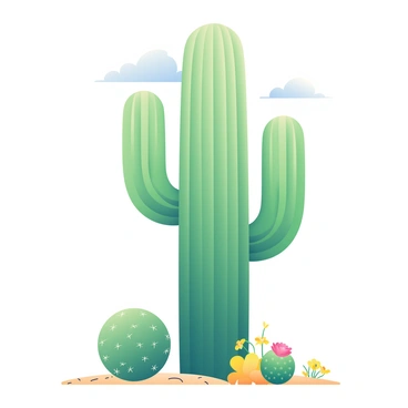 A large cactus with a variety of distinct forms and textures is standing in the center of the image. The cactus is tall and cylindrical, featuring ribbed sections that create an interesting pattern. Each rib has a slightly different hue of green, reflecting the sunlight. There are smaller round and clustered cacti at the base, their surfaces covered with tiny spines. The ground beneath the cacti is sandy and dotted with small pebbles. In the background, there are other desert plants, such as a sparse collection of yellow flowers and low shrubs, creating a vibrant contrast to the green cacti. The sky is a light blue, with a few soft white clouds drifting by.