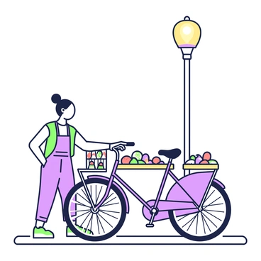 A street vendor's bicycle is positioned beneath a lamppost, illuminated by soft light. The bicycle is equipped with a vibrant array of colored lights that frame its structure, creating a lively atmosphere. The vendor, dressed in a casual outfit, is standing next to the bicycle, offering snacks displayed in an organized manner. Various snacks are arranged on the front basket and a small table beside the bicycle. The lamppost casts a warm glow over the scene, highlighting the vendor and the tempting assortment of snacks.