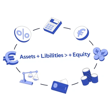An arrangement of common accounting symbols surrounding the central accounting equation. The central equation is depicted clearly with the notation: "Assets = Liabilities + Equity". Surrounding the equation are symbols such as "€" for currency, "%" for percentages, and "✓" indicating approval. There are also icons representing a calculator, a balance scale, and stacks of coins. Each symbol is clearly defined, creating a cohesive layout that emphasizes the relationship between the equation and the symbols. The overall composition is balanced and organized, enhancing readability and comprehension.